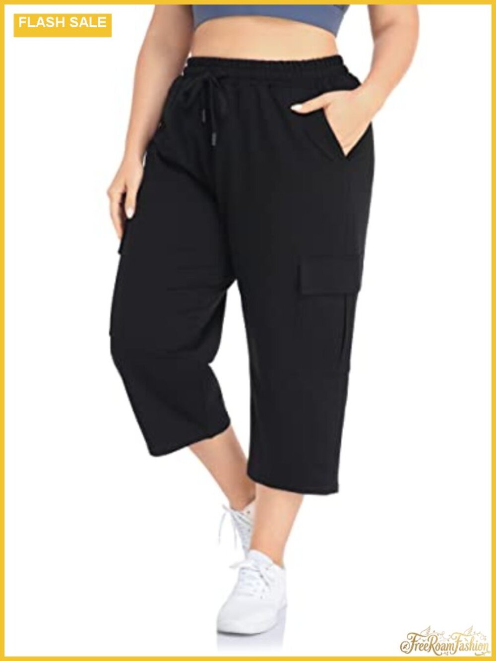 Plus Size Cargo Capri Sweatpants Cotton Blend Drawstring Pockets